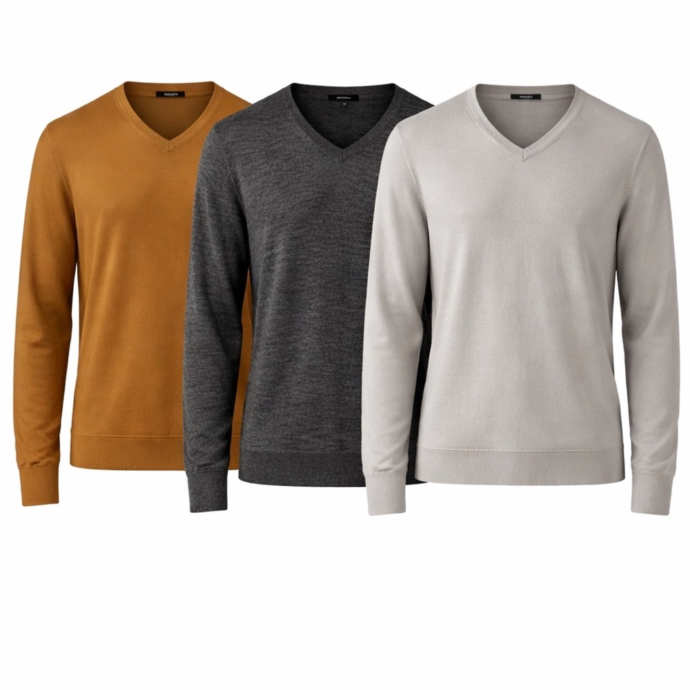 Men's Designer V-Neck Sweater Bundle- Gray, Brown, Cream XL